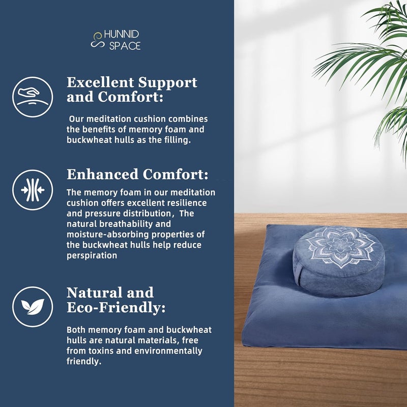 hunnidspace Meditation Zafu Cushion Set with Buckwheat Hulls & Memory Foam - Ergonomic Support for Yoga & Sitting - Removable Machine-Washable Luxury Velvet Cover - for Adults and Kids (Blue) - Image 4